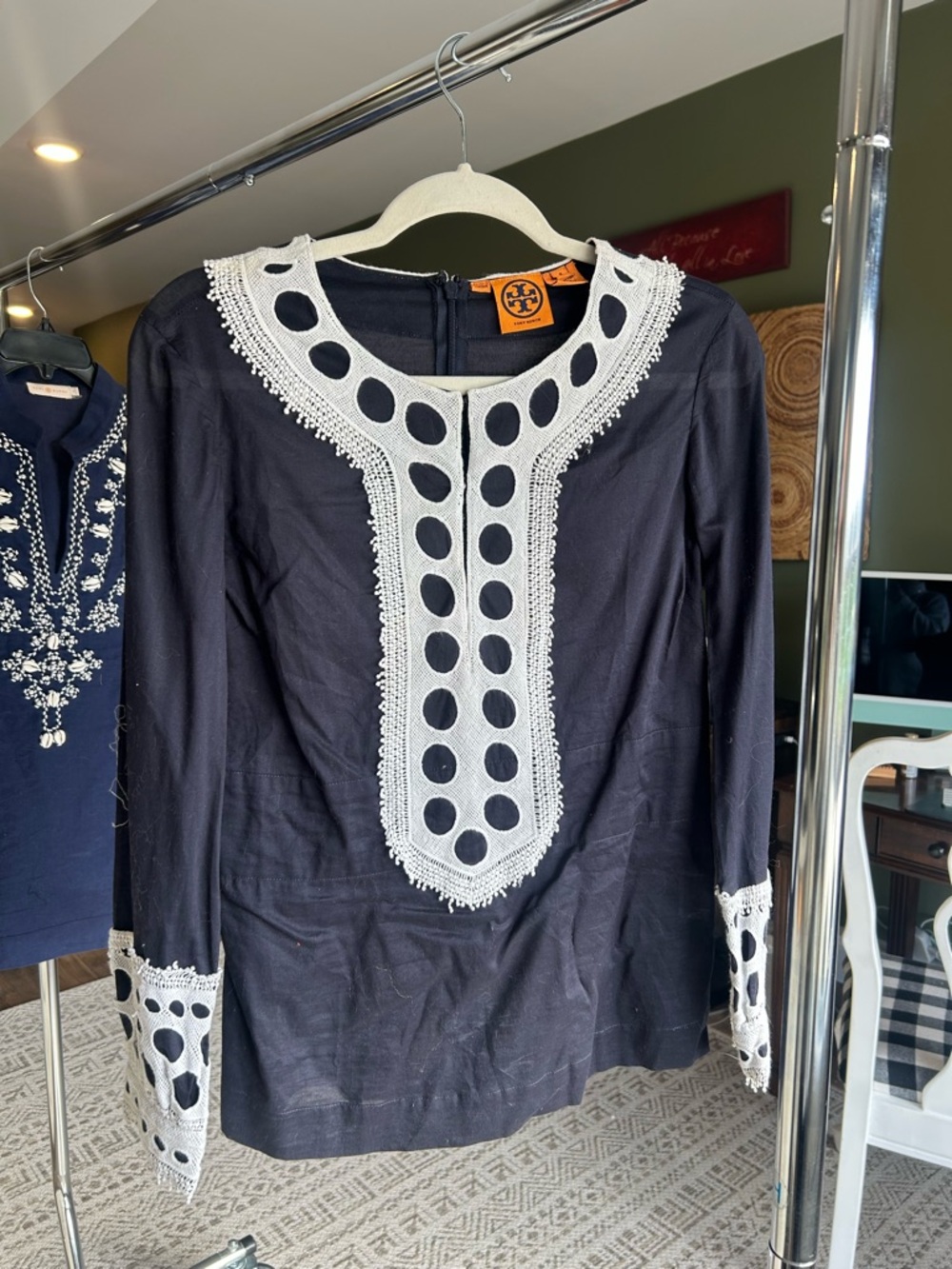 Tory Burch Navy Tunic with White Eyelet Embroidery